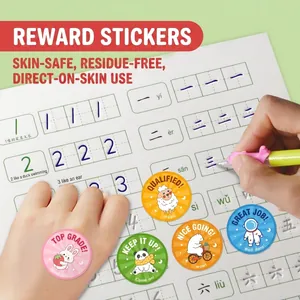 Cartoon reward stickers for kids with cute animals shown on hand and notebook