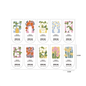 Detailed view of 10 floral thank you sealing stickers with 6.5x3.5cm size markings