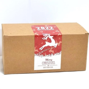 Detail of a brown kraft gift box with a red and white Merry Christmas sleeve and reindeer