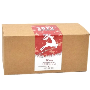 Brown corrugated gift box with festive red Merry Christmas and Happy New Year seal labels