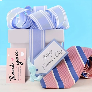Pink heart thank you card and multi-colored striped tie gift set for Father's Day