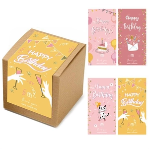 Detail of Happy Birthday adhesive rectangle labels on kraft gift box packaging