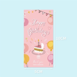 Detail view of a pink rectangular Happy Birthday sticker with cartoon cake and balloons