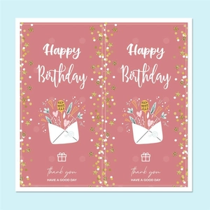 Detail of Happy Birthday and Thank You rectangle stickers in elegant pink and blue tones