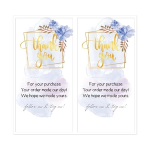 Detail of floral thank you stickers with purple watercolor flowers and gold geometric frames