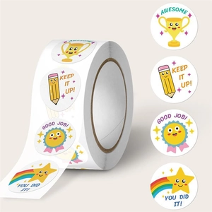 Detail of colorful reward stickers on roll showing cartoon icons and motivational text