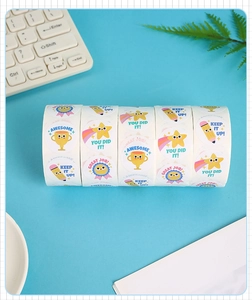 Detailed view of 5-roll set round reward stickers for kids with motivational quotes