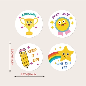 Roll of cartoon reward stickers for kids featuring gold trophy and rainbow stars, 1 inch size