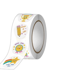 Roll of 500 cartoon reward stickers with various motivational English phrases for kids