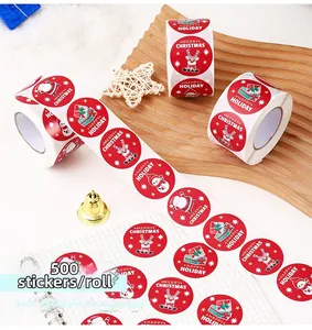 Close-up of festive Christmas labels featuring Santa and reindeer on wood tray