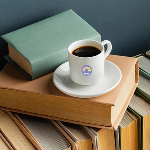 Tasse à café en céramique avec motif arc-en-ciel posée sur des livres anciens