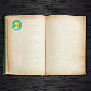Détail d'un autocollant Bravo soleil sur un carnet avec fond en bois sombre
