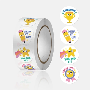 Reward Stickers Roll Colorful Cartoon Pattern Round Self Adhesive Labels For Teacher Classroom Student Motivation Phrases