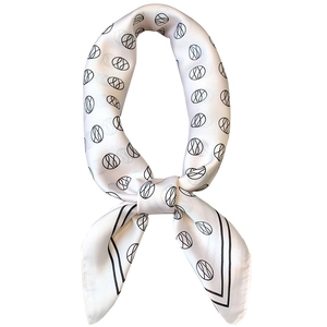 Elegant silk-textured square scarf with beige geometric prints and black border details