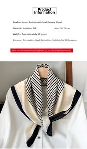 Close-up of faux silk striped square scarf draped on a hanger with a white shirt