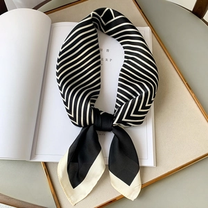 Elegant black and white striped silk square scarf for women with high gloss finish
