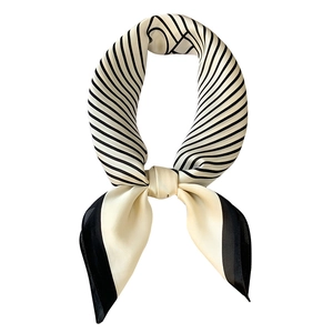 Elegant black and white striped silk neck scarf with wide black border on white background