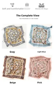 Detail showing exotic flower and bird patterns on soft silk scarves in four colors