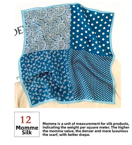 Détail d'un foulard en soie bleue 12 mommes à motifs paisley et pois sur magazine