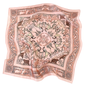Pink silk scarf with vintage floral and animal prints featuring soft satin luster