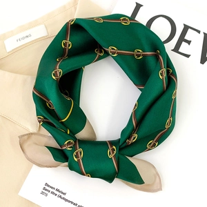 Detail of green silk scarf with vintage gold buckle print and smooth satin texture