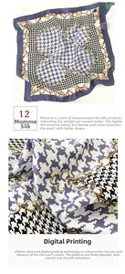 Detail of 100% mulberry silk scarf featuring houndstooth pattern and digital print texture