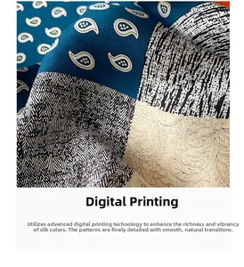 Detail of silk scarf showing peacock blue paisley print and fine digital texture