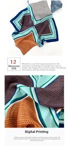 Macro detail of 12 momme mulberry silk scarf with geometric digital printed patterns