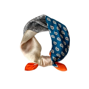 Fashionable paisley silk small square scarf with multi-color patchwork and knot design