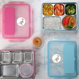 Close-up of divided stainless steel lunch boxes with cartoon lids in pink and blue
