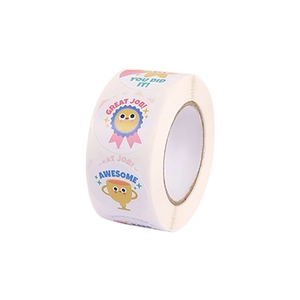 Roll of colorful circular reward stickers for kids featuring cartoon motifs and praise