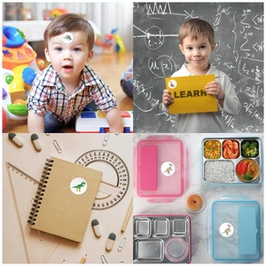 Cartoon dinosaur stickers shown applied on children's skin, notebooks and lunch boxes
