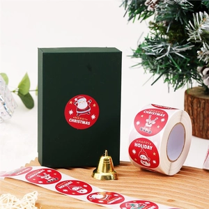 Cartoon snowman and Santa Merry Christmas round sealing labels on a green gift box