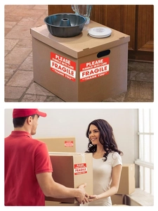 Red Fragile sticker labels for shipping boxes featuring handle with care warning text
