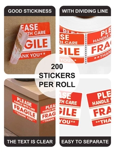 Roll of 200 red fragile warning stickers with easy-tear line for shipping boxes