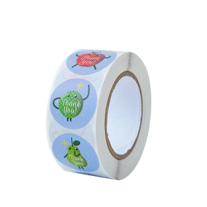 Rouleau d'autocollants Thank You ronds avec illustrations de fruits et fond bleu pastel