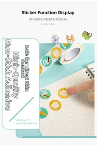 Detail of round cartoon reward stickers showing easy-peel adhesive and cute animal designs