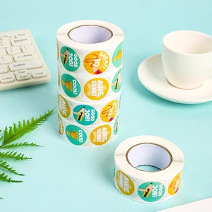 Five rolls of colorful cartoon reward stickers for kids with motivational quotes