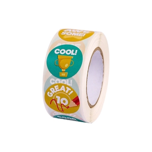 Colorful round reward stickers roll with cute cartoon trophy and pencil designs for kids