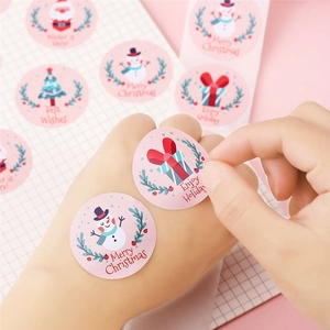 Pink cartoon Merry Christmas snowman stickers for holiday gift packaging seal