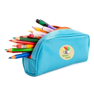 Sky blue zippered stationery bag with Good Luck logo showing large pencil capacity