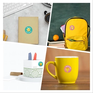 Detail shots of colorful reward stickers used on notebooks, backpacks, and water bottles