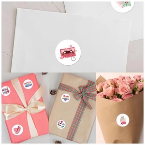 Detail view of heart stickers on envelopes and gift boxes for Valentine's day decoration
