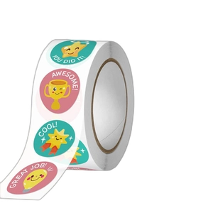 Roll of reward stickers with colorful smiley faces and motivational English phrases