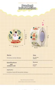 Detailed size chart for 3.8cm Merry Christmas sticker roll with snowman and bell motifs