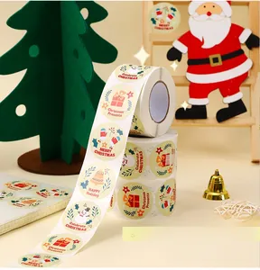 Detail of round Merry Christmas seal stickers with cartoon snowman and gift box patterns
