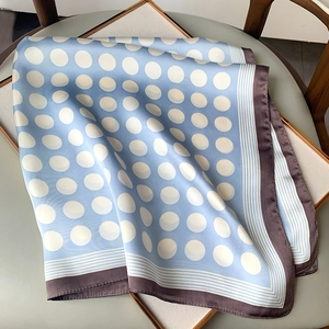 Close-up of light blue silk scarf with white polka dots and dark brown striped border