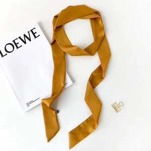 Detail of elegant ginger yellow satin skinny scarf styled with fashion magazine