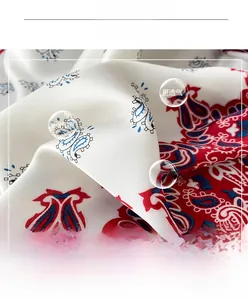 Macro detail of silky paisley square scarf fabric with red blue and white patterns