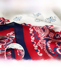 Close-up of fine overlock stitching and paisley pattern on the silk scarf edge